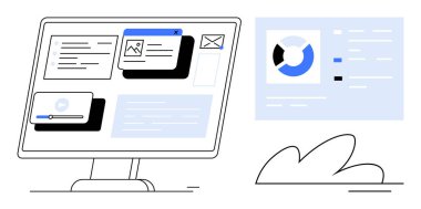 Masaüstü ekranında birden fazla pencere, grafik, grafik ve metin paneli, veri yönetimi, çoklu görev alanı ve dijital çalışma alanını temsil ediyor. İş ve analitik organizasyon için ideal