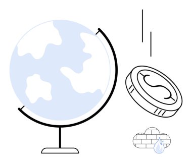 Dünyayı temsil eden bir küre, finansı vurgulayan bir sikke ve sürdürülebilirliği simgeleyen bir su damlası olan bir bulut. Küresel ekonomi, çevre, sürdürülebilirlik, yatırım, iklim hareketi için ideal
