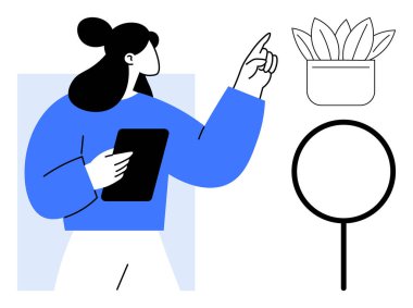 Elinde tablet olan bir kadın yakınlarda bir büyüteçle saksı bitkisini işaret ediyor. Eğitim, araştırma, analiz, iş, teknoloji, sürdürülebilirlik ve yaratıcılık için ideal. Basit düz metafor