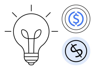 İki dolarlık işaret çemberinin yanında ışık saçan ampul fikirleri, parayı, yaratıcılığı ve büyümeyi sembolize ediyor. Finans, yenilik, strateji, girişimcilik girişimleri için ideal