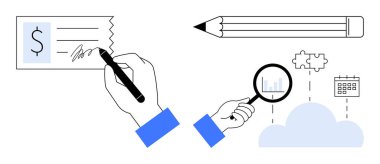 Çek imzalamak, büyüteç büyütmek veri, kalem, takvim, bulmaca parçaları ve bulut bağlantısını analiz etmek. Finans, analitik, takım çalışması, bulut hesaplama organizasyonu verimliliği için ideal