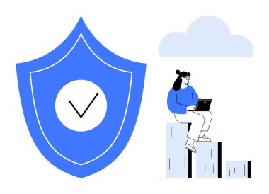 İşaretli bir kalkan ve bulut yakınındaki grafik çubuklarında otururken dizüstü bilgisayar kullanan bir kadın. Siber güvenlik, veri koruması, bulut hizmetleri, uzak çalışma, analiz, güvenilirlik için ideal