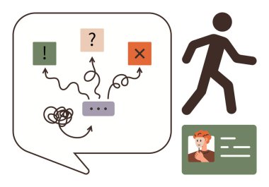 Karar simgeleriyle dolu konuşma balonu, karışık yollar, oklar ve kullanıcı profili kartının yanında yürüyen bir kişi. Karar verme, problem çözme, iletişim, eğitim, kullanıcı deneyimi için ideal