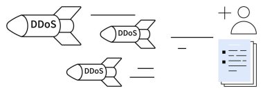 Bir kullanıcı simgesi ve bir belgeyi hedef alan üç DDoS etiketli füze siber tehditleri temsil ediyor. Siber güvenlik, tehdit farkındalığı, saldırılar, DDoS, veri koruması, bilişim güvenliği ve hackleme kavramları için ideal