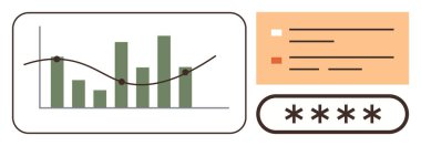 Eğilim çizgisi, karşılaştırma çizelgesi ve şifre güvenlik tasarımı olan çubuk grafiği. Analiz, sunum, finans, giriş, siber güvenlik raporları ve veri takibi için ideal. Basit düz metafor