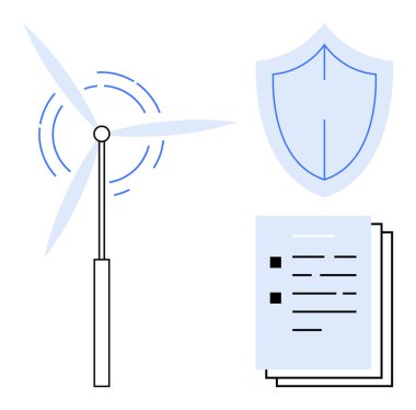 Enerji üreten rüzgar türbini, korumayı simgeleyen kalkan ve yasal anlaşmaları temsil eden belgeler. Sürdürülebilirlik, yenilenebilir enerji, hukuki bağlam, çevresel koruma için ideal