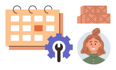 Vurgulanmış tarihli takvim, iç dişli anahtar sembolik aletler, istiflenmiş tahta kutular ve profesyonel kadın portresi. Planlama, planlama, lojistik, takım çalışması, organizasyon için ideal