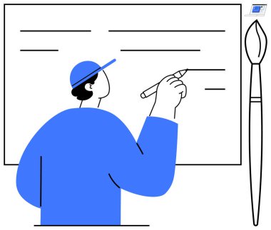 Büyük bir fırça yanında dururken, biri bir kalemle tuvale çizgiler çiziyor. Yaratıcılık, sanatçılık, tasarım, yenilik, eğitim, ilham ve ifade için idealdir. Basit düz metafor