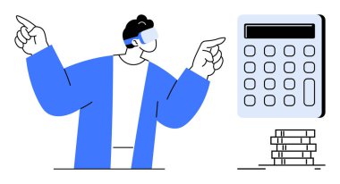 VR kulaklık takan adam dijital bir hesap makinesine para yığını ile işaret ederek finans, yenilik, sanal planlama, eğitim, bütçe, veri ve büyümeyi temsil ediyor. Basit düz