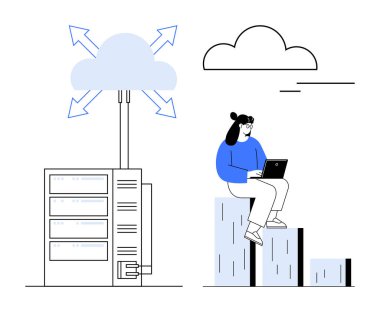 Veri sunucusu, veri akışını yönlendiren oklarla buluta bağlanıyor. Bar grafiğinde dizüstü bilgisayar kullanan bir kadın. Teknoloji, bulut depolama, analiz, uzaktan çalışma, yenilik ve iletişim için ideal