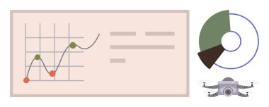 Çizgi grafiği, segmentli donut grafiği ve kuadkopteri olan veri tablosu. Basit bir düz metafor olarak iş, veri, teknoloji, yenilik, analiz, strateji otomasyonu için idealdir