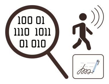 İkili kod üzerine büyüteç, yürüyen figür yayma sinyalleri, kalemli imza defteri. Veri güvenliği, izleme, izleme, kimlik doğrulama, kriptografi teknolojisi mahremiyeti için ideal. Basit.