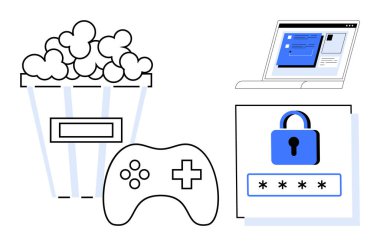 Oyun denetleyicisi, patlamış mısır, güvenli parola kilidi ve açık dizüstü bilgisayar ekranı eğlence, siber güvenlik, çevrimiçi oyun, yayın, şifre koruması, dijital alışkanlıklar ve çevrimiçi güvenliği vurguluyor