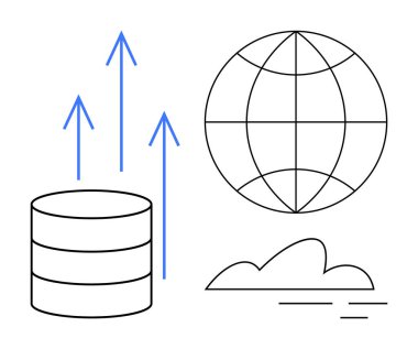 Veri depolamayı temsil eden yığın, veri transferi için yukarı doğru mavi oklar, küresel bağlantı için dünya ve bulut elementi. Teknoloji, ağ oluşturma, veri yönetimi ve bulut hesaplama için ideal