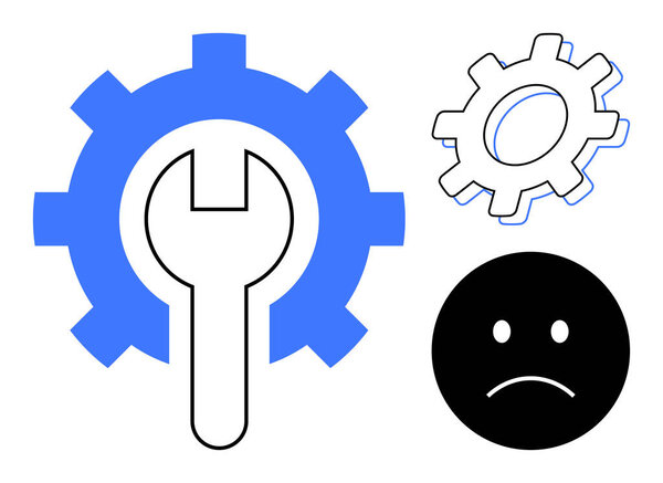 Blue gear with wrench, smaller gear, black sad face. Ideal for repair, troubleshooting, problem-solving, maintenance, technical issues customer dissatisfaction innovative solutions. Minimalist flat