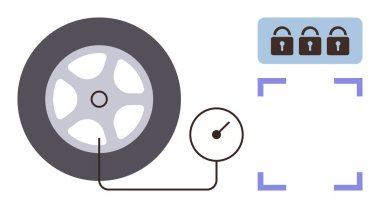 Emniyet, bakım, güvenlik ve korumayı temsil eden bir asma kilit ikonu setinin yanında bağlı basınç göstergesine sahip araba lastiği. Otomotiv, güvenlik, izleme, sigorta ve teknik için ideal