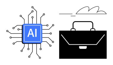 İş çantasının yanındaki düğümleri minimum bulut grafiği altında birleştiren yapay zeka çipi. Yenilik, otomasyon, teknoloji, iş, yapay zeka entegrasyonu, modern işyeri, fütüristik kavram için ideal