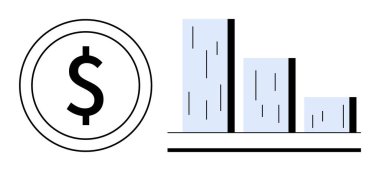 Aşağı inen kolonları olan bir bar çizelgesinin yanında dolar işareti. Finans, yatırım, karlılık, gelir, analiz, istatistik ve ekonomik değerlendirme için ideal. Temiz ve basit düz metafor