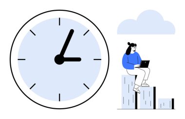 Bar tablosunda oturan ve bir bulutun altında dizüstü bilgisayarda çalışan kişinin yanında büyük bir saat. Üretkenlik, verimlilik, organizasyon, zaman yönetimi, uzak çalışma, strateji, basit düz metafor