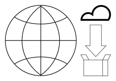 Küre, bulut, ok ve kutu görsel olarak küresel veri transferi, bulut indirme ve depolamayı temsil ediyor. Teknoloji, internet, bulut hesaplama küresel veri paylaşım yazılım depolaması için ideal basit düz