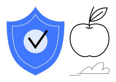 Güvenliği ve güveni sembolize eden koyu işaretli mavi kalkan, sağlığın için çizilmiş elma, alttaki bulut. Güvenlik, refah, koruma, gıda, güven, minimalizm için ideal basit düz metafor