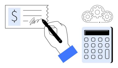 Hesap makinesi olarak el işaretleri ve birbirine bağlı vitesler mali hesaplama, otomasyon ve karar verme mekanizmasını betimler. Bankacılık, muhasebe, bütçe planlaması, finans, muhasebe için ideal