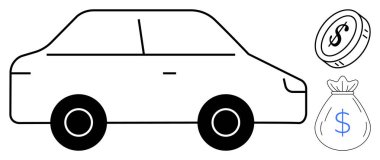 Para ve para çantalı araç araba satın almayı, finansmanı, sigortayı, kredileri, tasarruf etmeyi, kiralamayı ve bütçeyi sembolize ediyor. Ekonomik değer değerlendirme ticareti için idealdir. Basit bir daire.