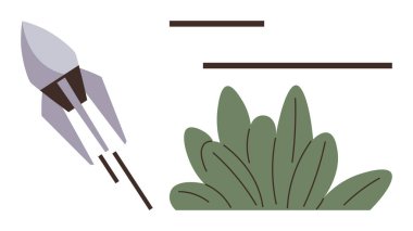 Yeşil yeşillik yakınlarındaki minimalist gökyüzüne fırlatılan roket, hırsı, ilerlemeyi ve çevresel dengeyi simgeliyor. Yenilik, iş büyümesi, sürdürülebilirlik, liderlik, keşif için ideal