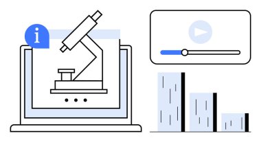 Araştırma, eğitim, teknoloji, dijital öğrenme, çevrimiçi çalışma, analitik, eğitim ve basit düz metafor için bir dizüstü bilgisayarda, video oynatma panelinde ve bar grafiklerinde gösterilir.