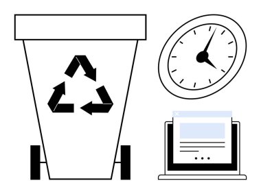 Geri dönüşüm kutusunda geri dönüşüm işareti, saati gösteren saat, web sayfası olan dizüstü bilgisayar. Sürdürülebilirlik, zaman verimliliği, dijital dönüşüm, üretkenlik, çevresel farkındalık, iş akışı için ideal