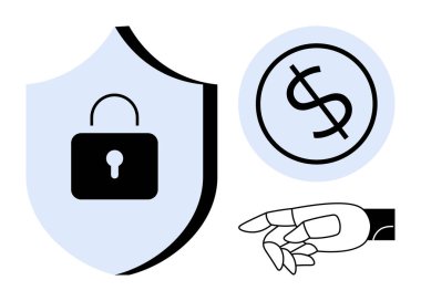 Kilitli kalkan, robot el dolar işaretine uzanıyor. Siber güvenlik, yapay zeka, fintech, otomasyon, dijital ekonomi, çevrimiçi güvenlik veri gizliliği için ideal. Basit düz metafor