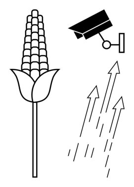 Mısır sapı, duvara monte edilmiş güvenlik kamerası ve yukarı bakan oklar. Tarım, teknoloji, tarım denetimi, veri büyümesi, yenilikçi çevre eğilimleri için ideal. Basit düz
