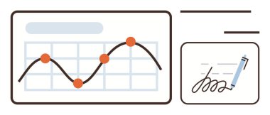Şebeke arkaplanındaki veri noktaları ile dijital imza konsepti ve kalemle eşleştirilmiş çizgi grafiği. Analiz, iş anlayışı, teknoloji, onay süreci, evrak, veri görselleştirme için ideal