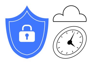 Kilitli kalkanlar veri güvenliğini simgeler, depolama için bulut, zaman verimliliğini simgeler. Siber güvenlik, bulut bilgisayarı, dijital koruma, veri gizliliği, zaman yönetimi için ideal