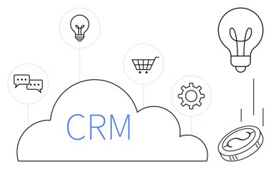 Konuşma simgeleriyle çevrili CRM metin bulutu fikirler için ampuller, alışveriş arabası teknoloji için çark ve iş için düşen madeni para. Teknoloji, iletişim ve yenilik için ideal