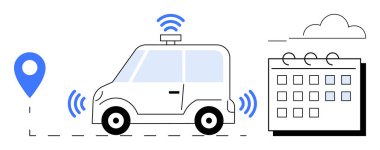 Navigasyon sinyalleri, GPS pimi ve takvimi olan kendi kendine giden bir araba. Gelecekteki taşınabilirlik, teknoloji, yenilik, akıllı ulaşım, seyahat planlaması, yapay zeka sistemleri için ideal düz metafor