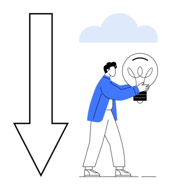 Bir fikri temsil eden ampul taşıyan bir adam aşağı doğru büyük bir ok ve minimum bulut tasarımı yanında duruyor. Yaratıcılık, yenilik, zorluklar, ilham, çözümler, kararlar için ideal