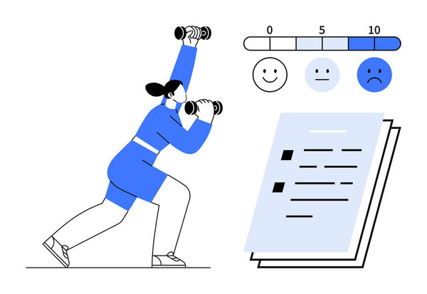 Женские упражнения с гантелями, контрольный список поблизости, эмоциональная шкала указывают на обратную связь. Идеально подходит для фитнеса, постановки целей, самосовершенствования, мотивации, отслеживания состояния здоровья, рутинного строительства