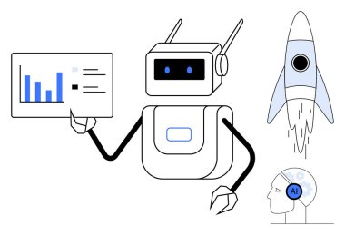 Robot veri tablosu, roket fırlatma, insan beynindeki yapay zeka, yapay zeka ve teknolojik gelişimi sembolize eden yapay zeka. Teknoloji, yenilik, otomasyon, veri için ideal