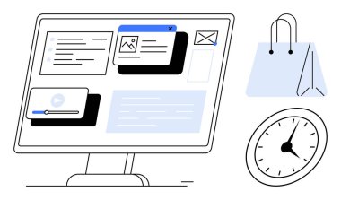 Bilgisayar monitörü e-ticaret içeriğini, alışveriş çantasını ve saati gösteriyor. Çevrimiçi perakende satış, e-ticaret, verimlilik, zaman, alışveriş teknolojisi minimalizmi için idealdir. Basit bir düz metafor.