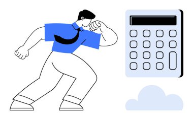 Mavi gömlekli bir işadamı, büyük hesap makinesi ve bulutun yanında ileri doğru ilerliyor. Finans, problem çözme, hedefler, kararlılık, veri analizi, iş stratejileri, zorlukların üstesinden gelmek için ideal. Basit.