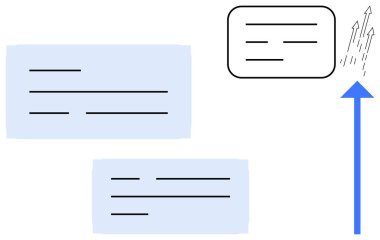Metin kutuları yukarı doğru hareket ve bağlantıyı sembolize eden mavi bir okla veri transferini gösteriyor. İletişim, veri paylaşımı, iş akışı, süreç, analiz, bilgi için ideal
