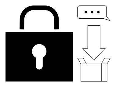 Asma kilit güvenliği simgeler, iletişim için konuşma balonu, indirme ya da depolama için kutuyu işaret eden ok. Güvenlik, koruma, gizlilik, teknoloji, iletişim, veri transferi için ideal