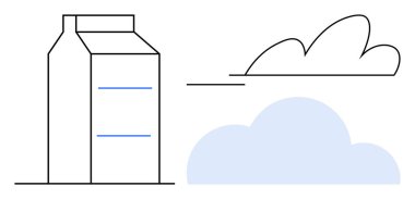 Mavi bulutun yanında süt kutusu ve doğrusal soyut bulut eko-bilinç, saflık ve doğal sürdürülebilirliği çağrıştırır. Paketleme, organik ürün markalaşması, süt ürünleri, çevre ve sağlık için ideal