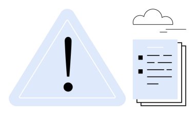 Yığılmış belge ve bulutların yanındaki uyarı üçgeninin içinde ünlem işareti. Risk yönetimi, uyum, bulut depolama güvenliği, veri yönetimi, uyarılar, uyarılar, hata işleme için ideal