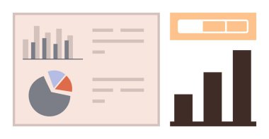 Bar grafikleri, pasta tablosu ve analitiği ve ölçülebilir sonuçları gösteren ilerleme çubuğu. İş stratejisi, ilerleme takibi, veri içgörüleri, performans değerlendirmeleri, mali raporlar için ideal