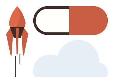 Roket kalkışı, büyük kapsül ve basit bulut tasarımı. Yenilik, teknoloji, sağlık, arzu, büyüme yaratıcılığı ve gelecekteki kavramlar için idealdir. Modern ve basit düz metafor