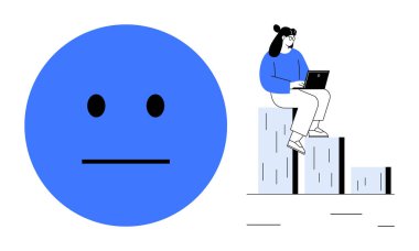 Tarafsız yüz, elinde dizüstü bilgisayarla oturan bir kadının yanında duyguları temsil ediyor. Analiz, ilerleme ve duyguyu gösteriyor. Analiz, duygu, ilerleme, veri eğilimleri ve iş için ideal