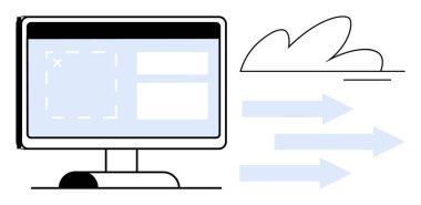 Buluta veri akışı sağlayan bir kullanıcı arayüzü görüntüleyen monitör. Bulut hesaplama, yazılım geliştirme, analitik, dijital iş akışı, veri paylaşımı, sunucu, basit düz metafor