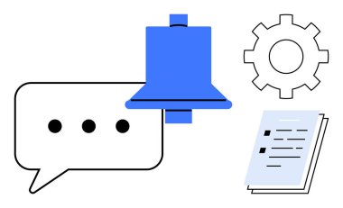 Sohbet balonu ve bildirim çanı iletişimi temsil ediyor, bir kontrol listesi belgesi ve organizasyon ve verimlilik teçhizatı ile eşleştiriliyor. Görev yönetimi, işbirliği, verimlilik, iş akışı için ideal